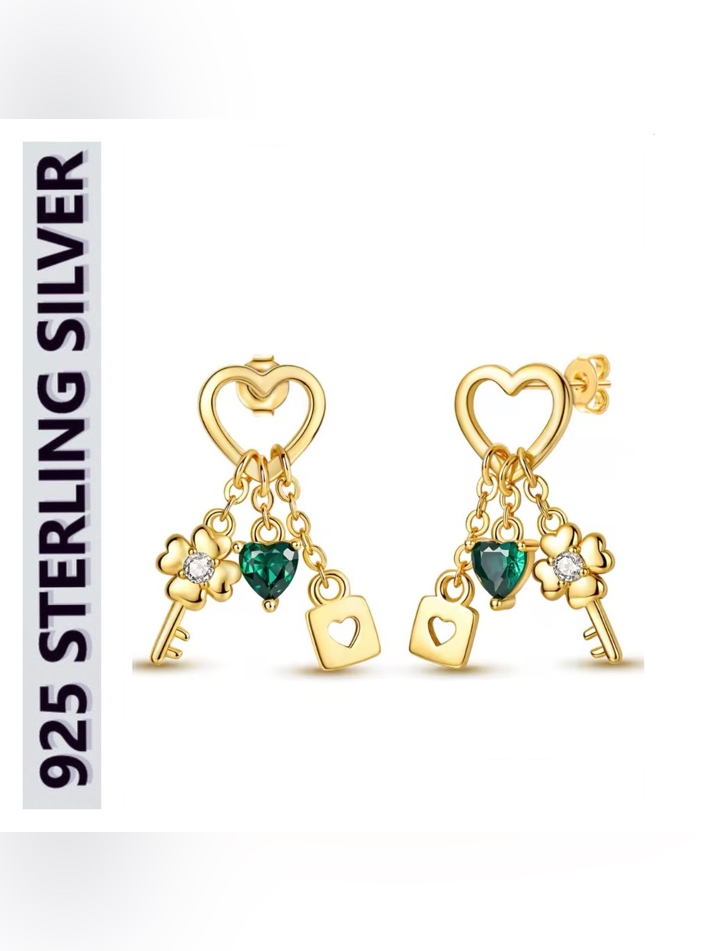 🌟🌟 18k Gold Plated Emerald Heart Charm Dangle Earrings